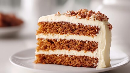 A slice of carrot cake, its moist crumb adorned with cream cheese frosting, stands majestically against a pristine white backdrop, its golden hue inviting viewers to partake in its delectable