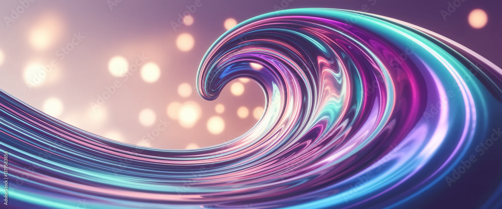 Poster abstract image of a swirling, iridescent wave. the colors are predominantly purple, pink, and teal. 