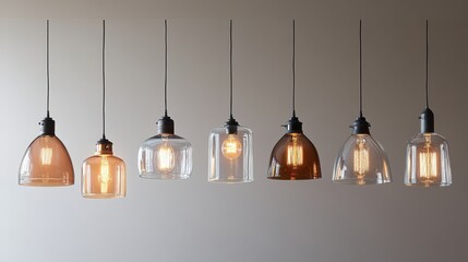 A collection of elegant glass pendant lights, each housing a warm, glowing Edison bulb, casts a soft, inviting light against a pristine white backdrop, evoking a sense of vintage charm and modern