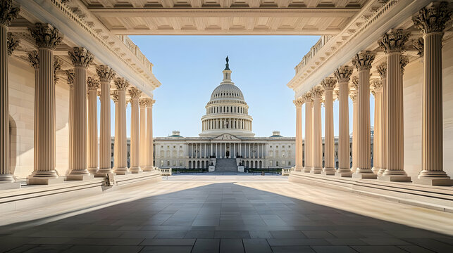 United States Capitol Building Viewed Through White Stone Columns on a Sunny Morning in Washington DC