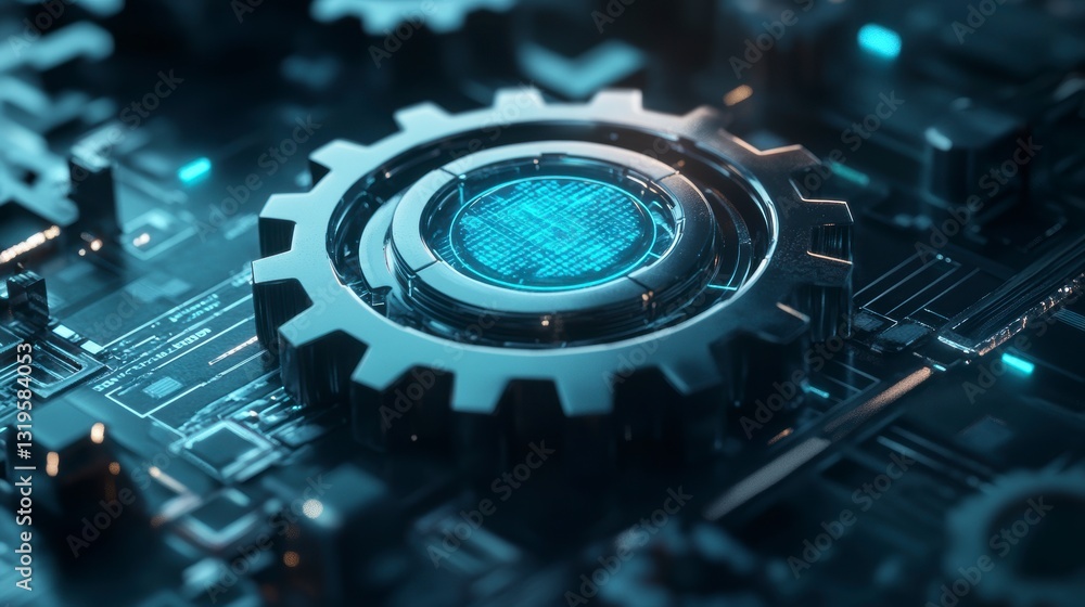 Poster Futuristic gear on circuit board. Possible stock photo use