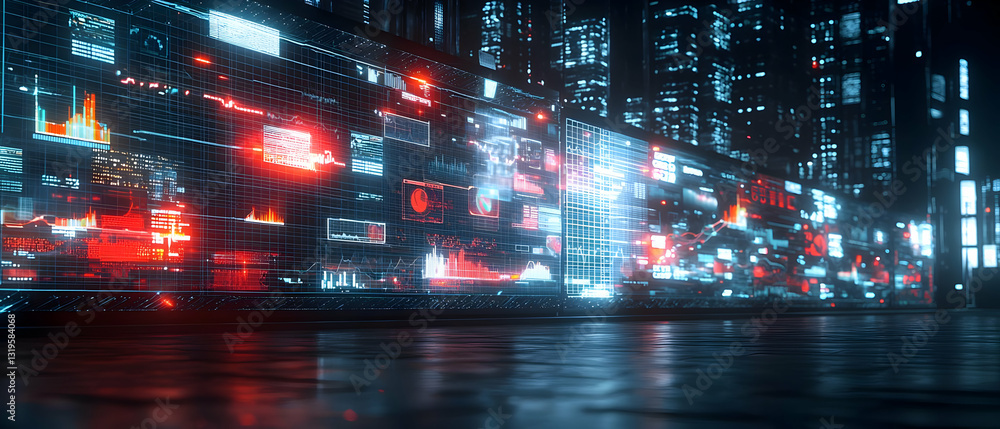Poster futuristic cityscape with glowing neon lights and data streams in a dark cyberpunk environment refle