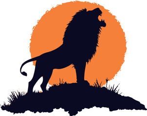 Lion Roaring in Front of Sun silhouette vector