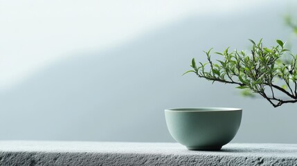 A pristine white backdrop serves as the stage for a solitary green teacup, filled with delicate tea leaves, a symbol of serenity and tranquility.