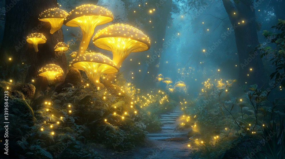 Poster a mystical forest with glowing mushrooms and ethereal light
