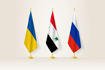 Diplomatic Meeting Representation, Ukraine, Syria and Russia Flags. Flags on Diplomatic Stands. © boldg