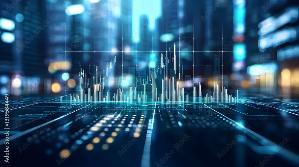 Aufkleber futuristic smart city data visualization with blue digital network connection overlay on blurred urb
