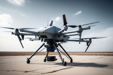 Fototapeta premium Anti-UAV systems, Futuristic military vehicle with armed drones in action, showcasing advanced defense technology and modern warfare concepts on a clear day.