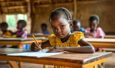 African child writing with pen on paper at school, generated ai