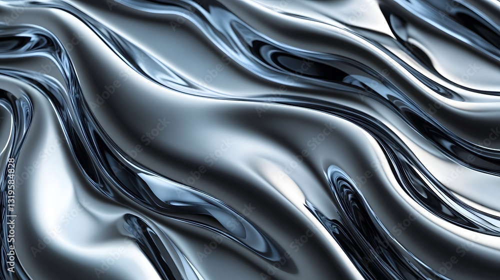 Poster abstract fluid metal with a smooth, wavy surface reflecting light, creating a mesmerizing visual tex