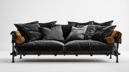 Modern black sofa with decorative cushions in minimalistic setting