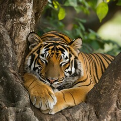 Obraz premium Majestic tiger relaxing on a tree branch jungle habitat wildlife photography natural environment close-up view animal behavior