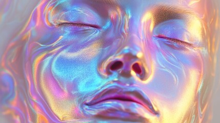 Holographic iridescent liquid pastel metal textured face