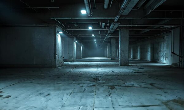 Dimly lit industrial basement corridor with eerie atmosphere and water reflections