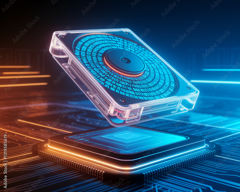Poster transparent hard drive hovers above glowing circuit board, showcasing digital technology and data st