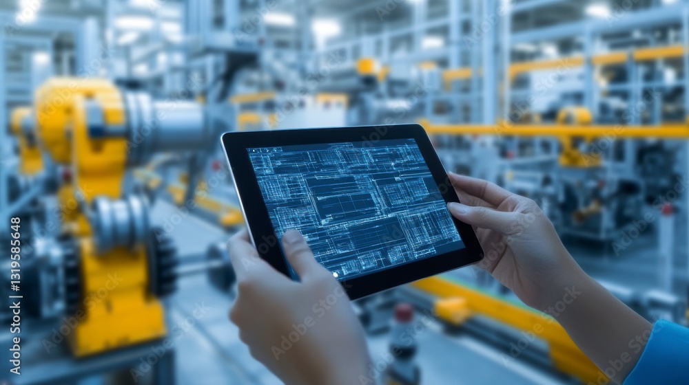Poster hands holding tablet showing factory machine data