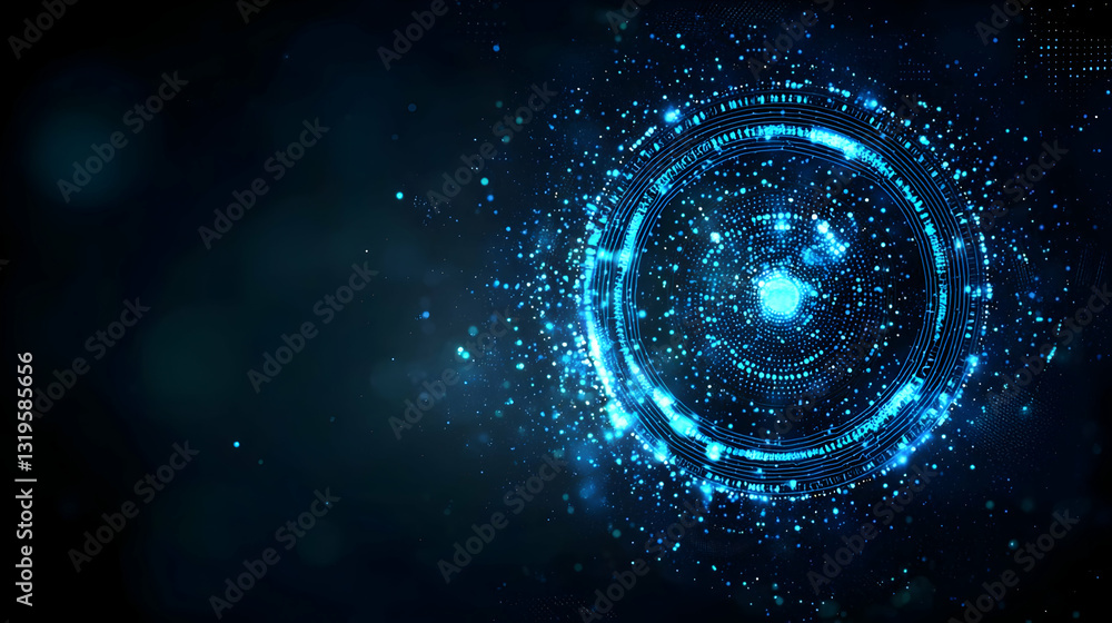 Poster abstract blue circle with particle effects on a dark background illustrating technology digital data