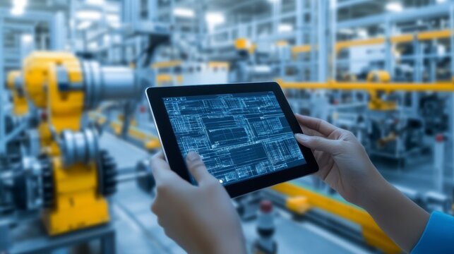Hands holding tablet showing factory machine data