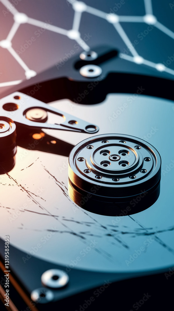 Poster Close-up of hard drive platter and read/write head, showcasing intricate metallic components, representing data storage, technology, and digital information