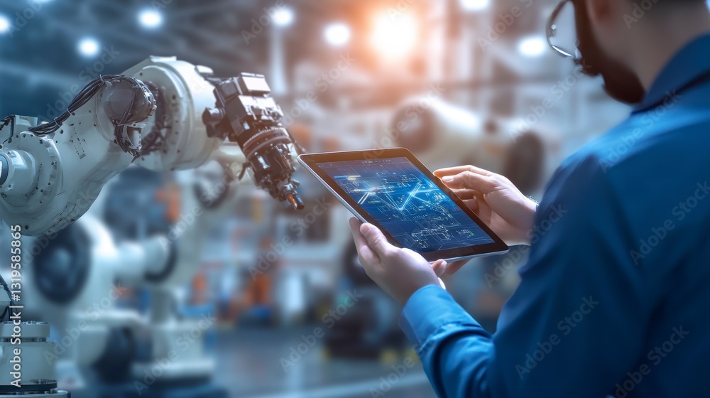 Poster factory worker uses tablet to control robot arm