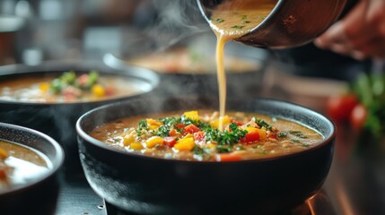 Pouring delicious soup into bowls in a cozy kitchen gourmet food warm atmosphere