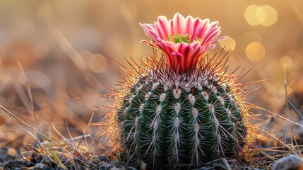 Pink cactus flower in sunlight,  desert landscape.  Possible use nature, botany, desktop
