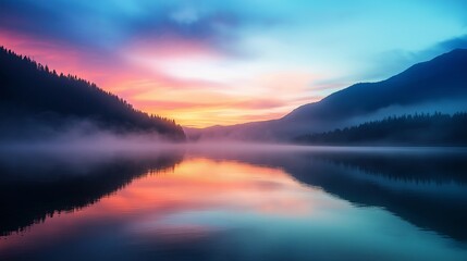 Fototapeta premium A serene mountain lake reflecting a vibrant sunrise, with mist gently rising