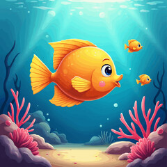 Fototapeta premium Vector drawing of cartoon tropical fish under water at coral reef. Underwater world of ocean. Algae, corals and sea anemones on seabed. Illustration for children notepad.