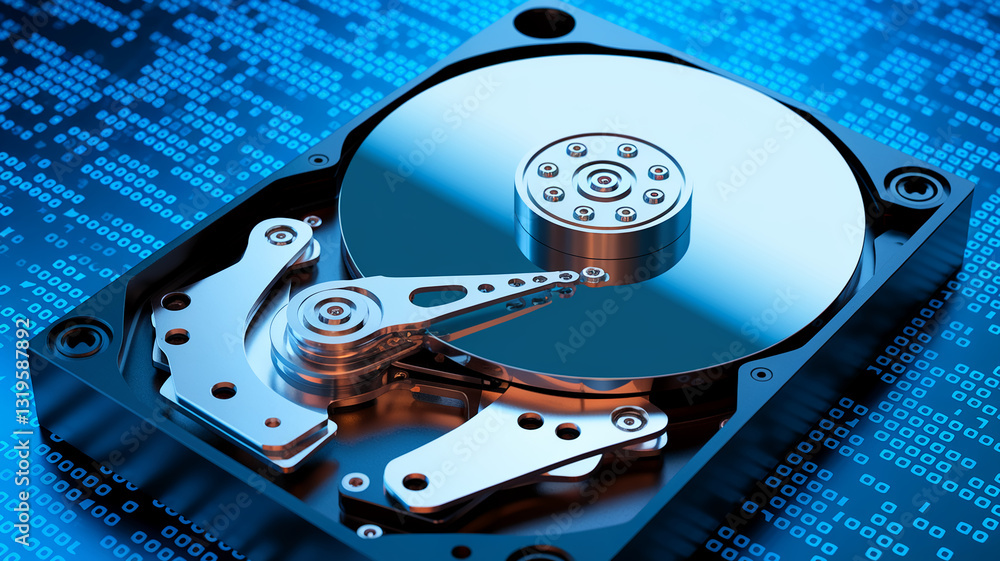 Poster Close-up of hard drive mechanism, showcasing internal components, platter, and read/write head against a blue binary code background, representing data storage and technology