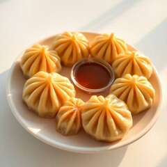 Guotie Chinese Dumplings Perfectly Seared with Crispy Golden Edges and Served with Soy Sauce and Chili Oil on a Clean White Plate with Minimal Garnishing See