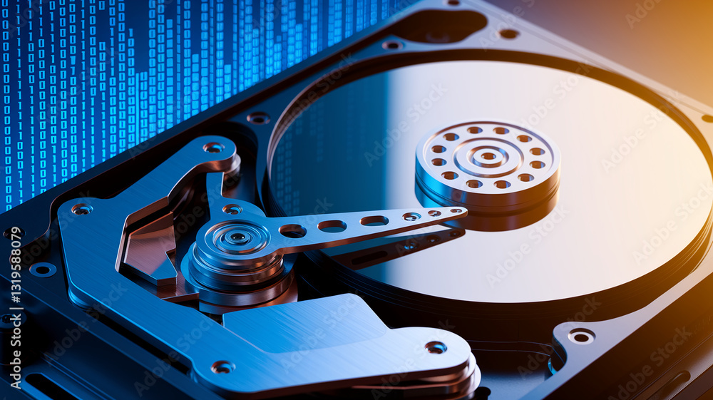 Poster Close-up of hard drive internal mechanism, showcasing metallic components against a binary code background, representing data storage, technology, and digital information