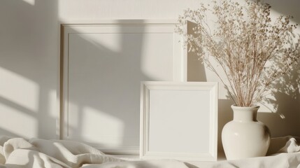 Three empty white frames on minimalist cozy background