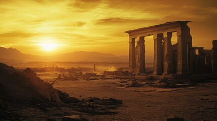 Naklejka premium Ancient ruins at sunrise in desert. Possible use Stock photo for travel, history, or inspirational themes