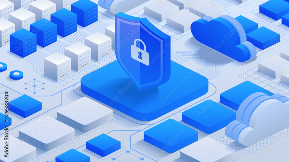 Poster encrypted cloud safety. illustration of a cloud with a lock and shield, emphasizing encrypted data p