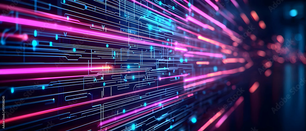 Aufkleber abstract digital data stream with pink and blue light trails on dark background for technology conce
