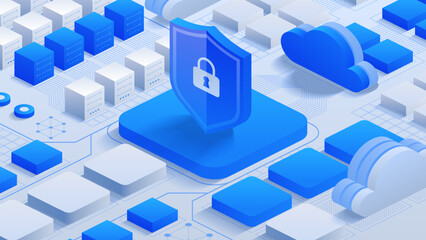 Encrypted Cloud Safety. Illustration of a cloud with a lock and shield, emphasizing encrypted data protection and cybersecurity in cloud storage solutions. Ideal for secure digital environments