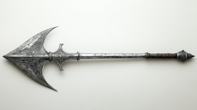 A sleek, silver halberd, its blade gleaming in the light, stands poised and menacing, its shaft adorned with intricate engravings. The halberd is sharply focused against a pristine white background,