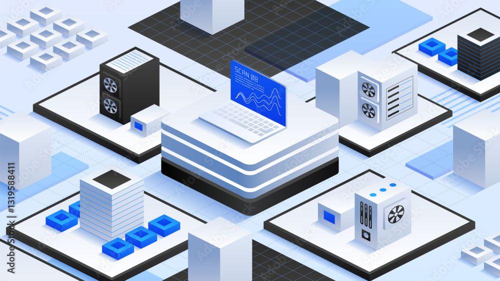 Poster digital illustration of a futuristic data center with servers, cooling systems, and a laptop display