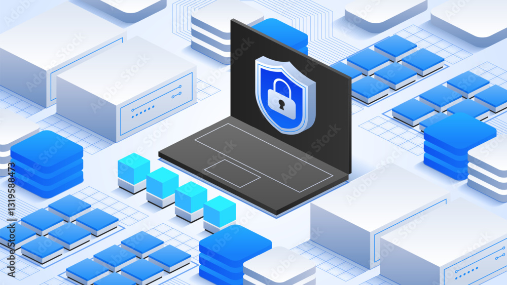 Poster internet security solutions. concept of online information protection with a laptop and shield icon,