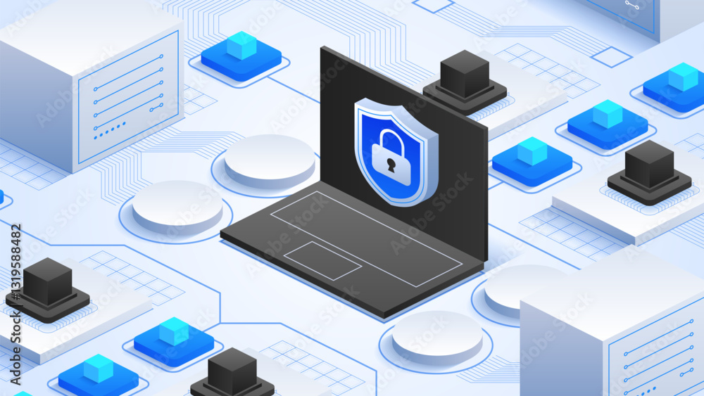 Poster online data defense. security shield icon on a laptop, surrounded by interconnected data, highlighti