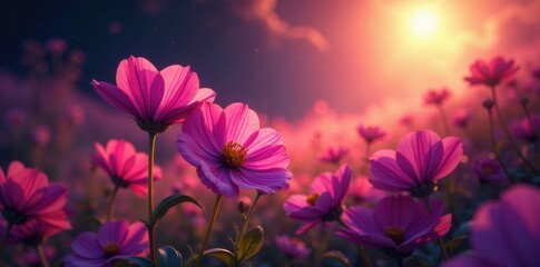 Fototapeta premium Sunlit cosmos flowers, waves of purple and red , blossom, purple