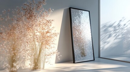 A full-length wall mirror, framed in sleek black, stands majestically against a crystal-clear, transparent backdrop, ready to reflect the viewer s image in its pristine surface.