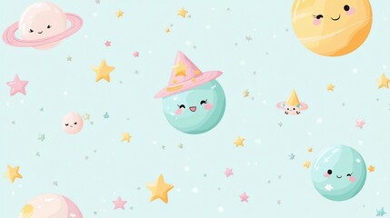 Cute planets and stars in pastel colors