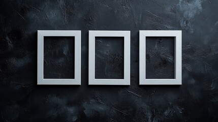 Three white empty frames on dark minimalist backdrop