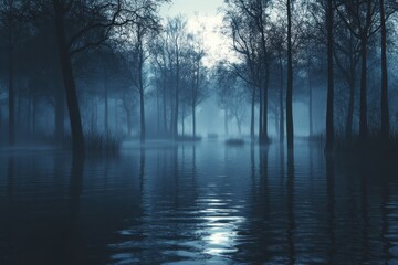 Misty Swamp Landscape with Reflections and Bare Trees at Dusk