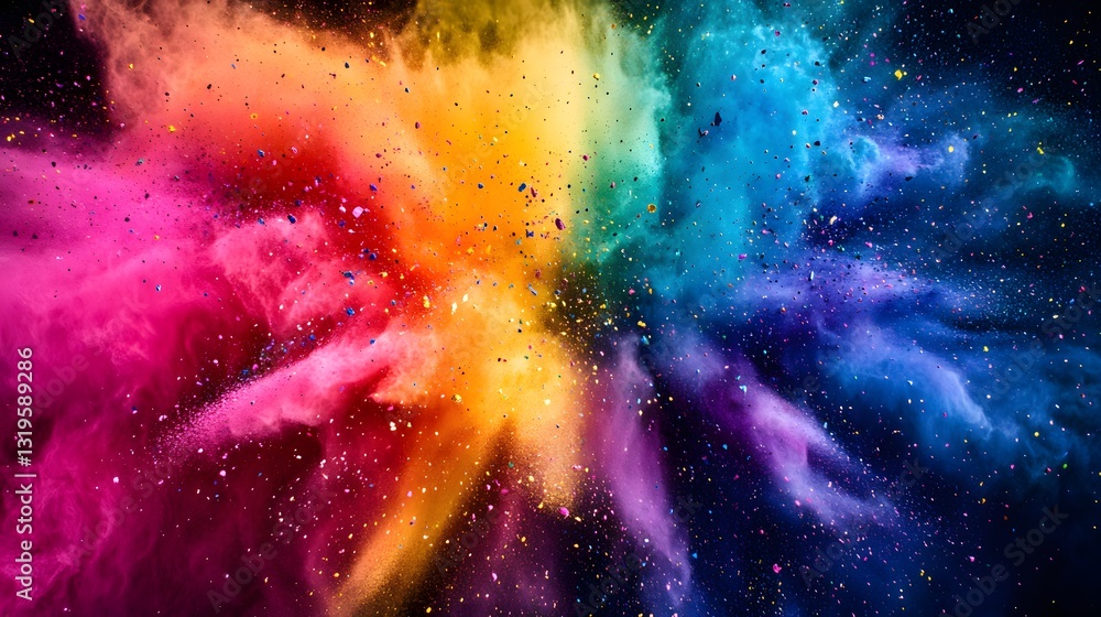 Aufkleber vibrant explosion of color: a mesmerizing blend of rainbow hues creating a dynamic burst on a dark b
