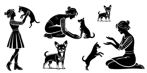 Hand drawn illustration of people with pets. Everyday scenes with pet. Silhouette woman with dog.