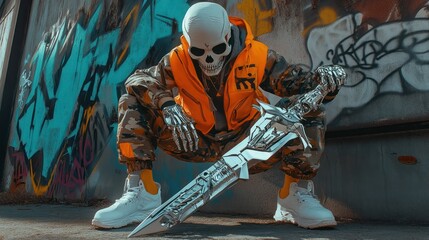 Skeleton cyberpunk warrior crouching graffiti background