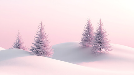 Fototapeta premium Snowy hills softly lit by a pastel pink sky dotted with evergreen trees dusted with snow.