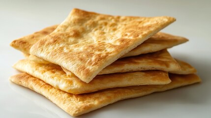 A stack of golden pita bread, triangles cut with precision, rests invitingly on a clear, transparent backdrop, ready to be filled with flavorful dips. The crisp texture and warm color evoke a sense